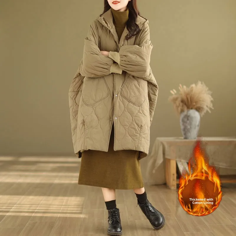 

Winter New plus Size Women's Cotton Jaet Hooded Du down Quilted Coat Warm Diamond Pattern Outerwear Korean Sle Long Sve
