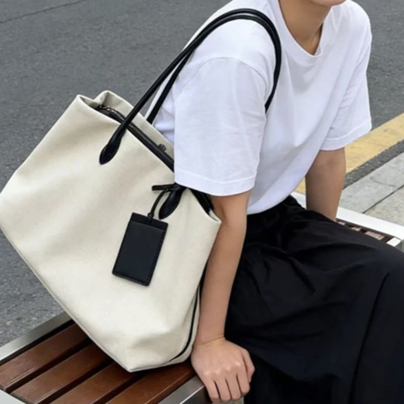 Suede Canvas Color-block Tote Bag,lightweight Multi-compartment Large Capacity Handbag,leisure Simple Retro Zipper Shoulder Bag - view 3