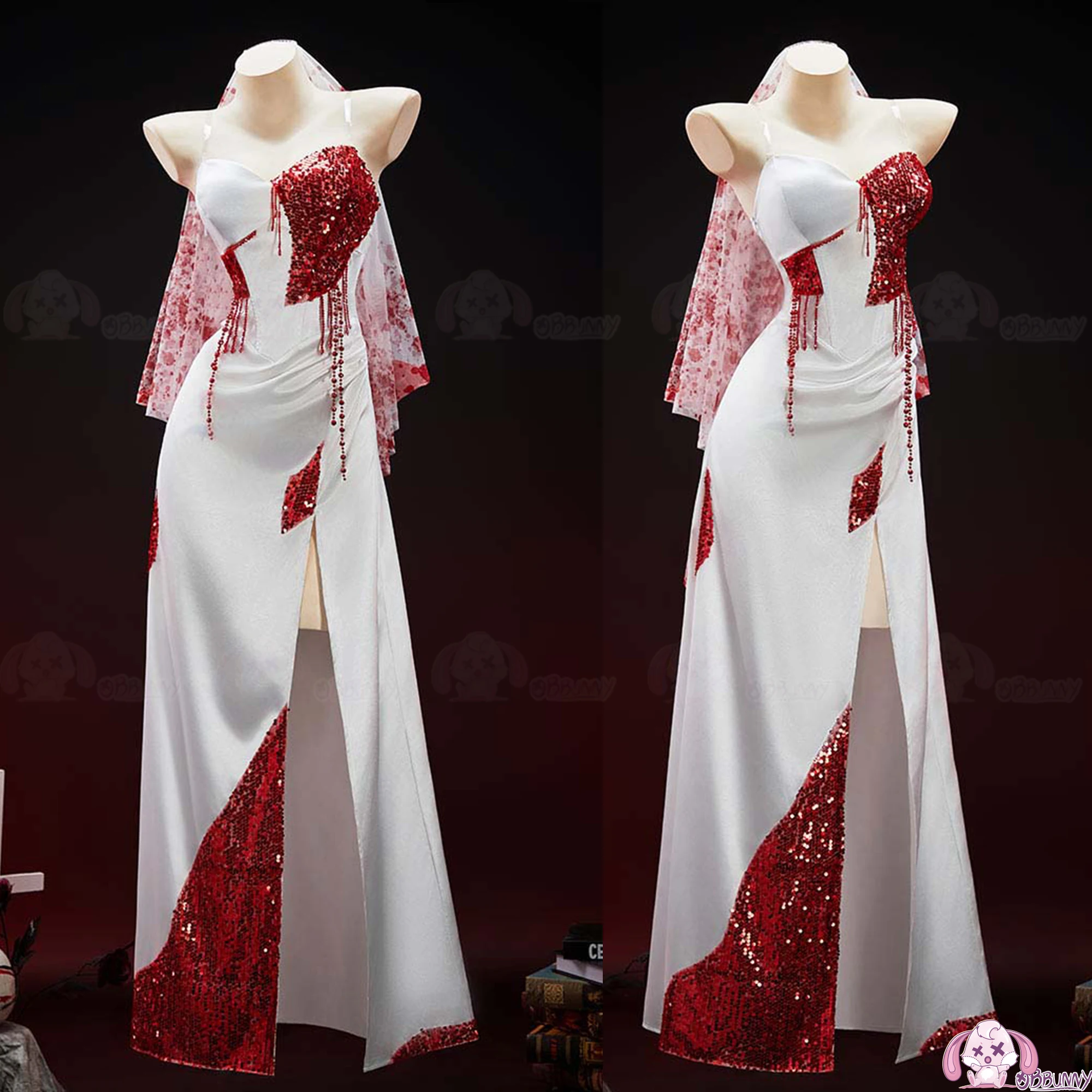 

Women Gothic White Red Patchwork Blood Bridal Dress Dark Style Split Gown Dress with Veil Halloween Costume