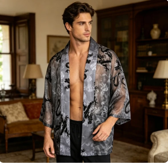 Men's Chinese Style Dragon Print Kimono Cardigan, Summer Lightweight Sheer Sunscreen Haori Jacket