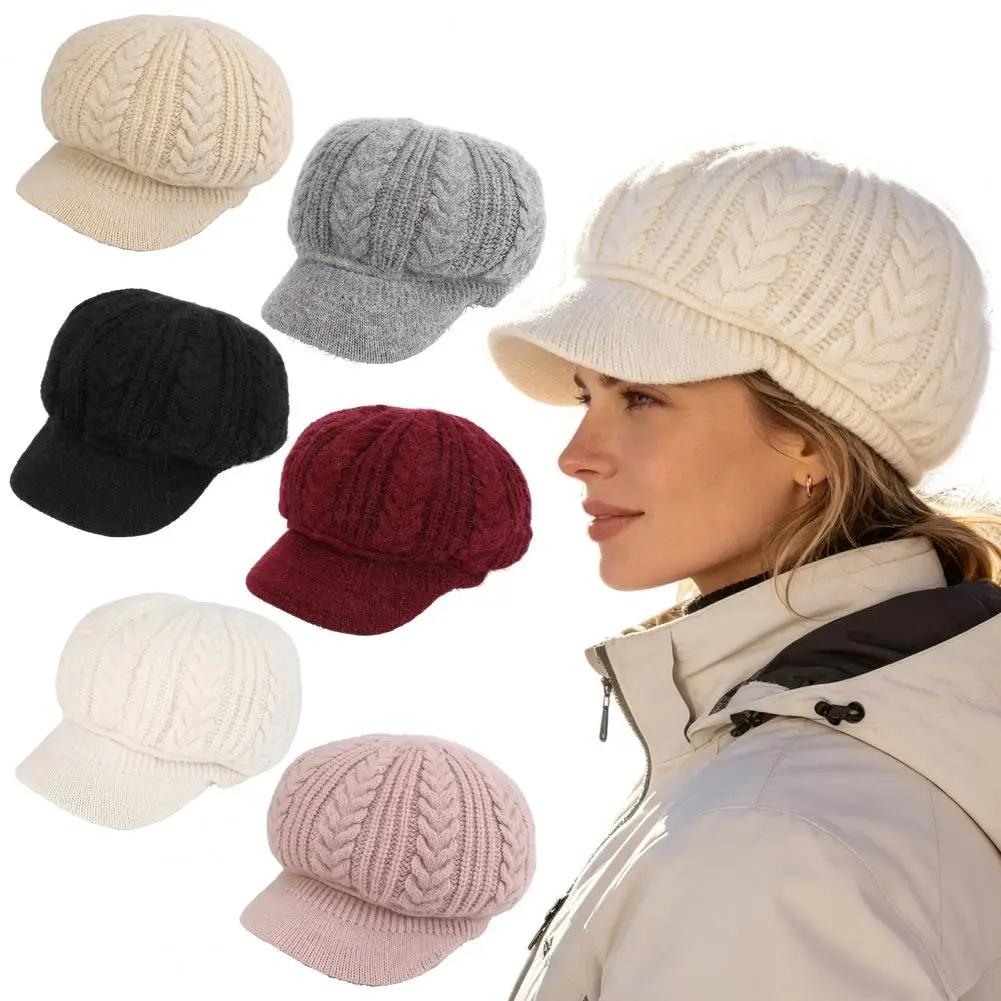 Winter Visor Hat Winter Knitted Peaked Cap with Visor Women’s Fleece Lined Brimmed Hat Warm Autumn Weather Knit Headwear