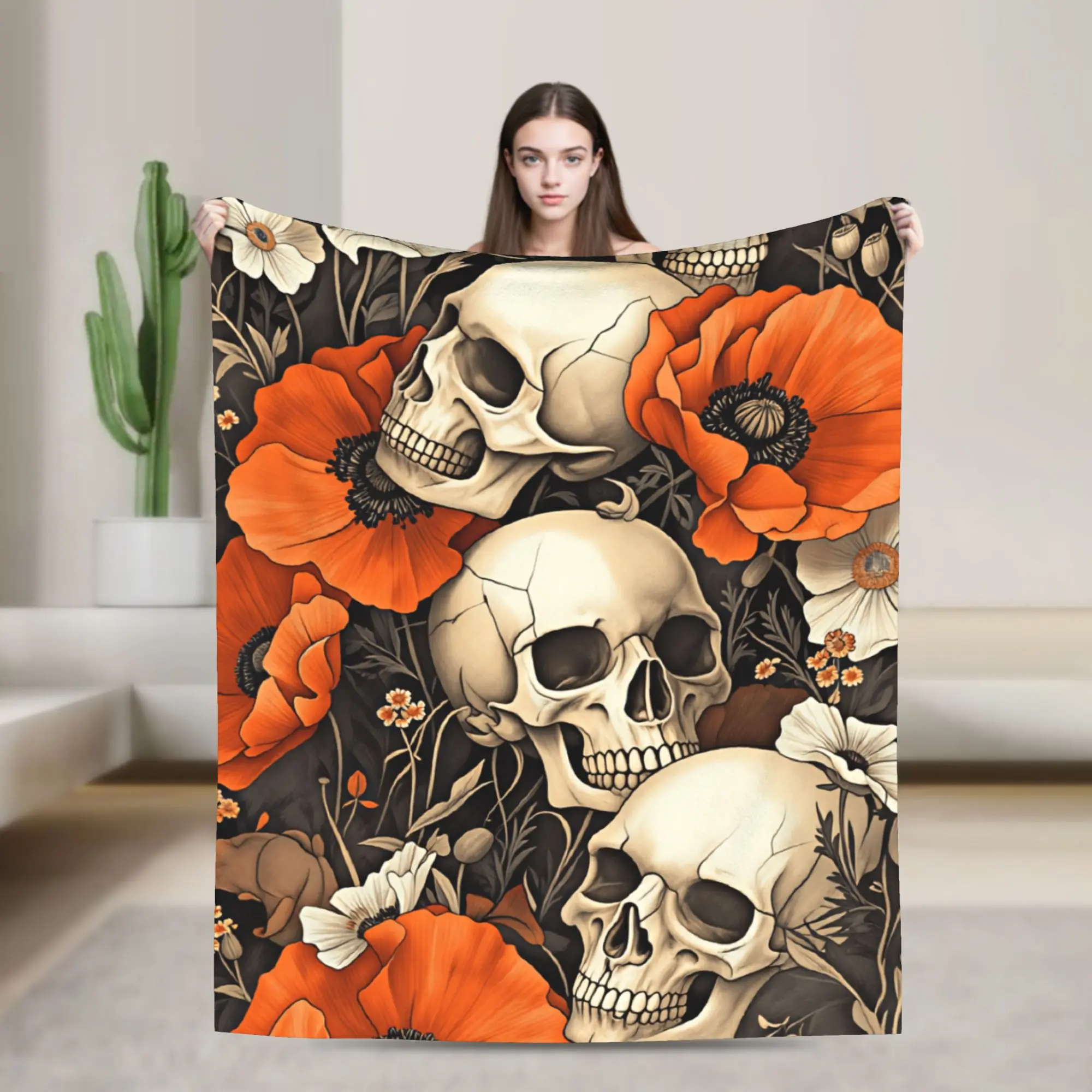 Warm Blanket Travel Skull Orange Poppy Flower Seamless Pattern Bedding Throws Novelty  Bedspread For Living Room