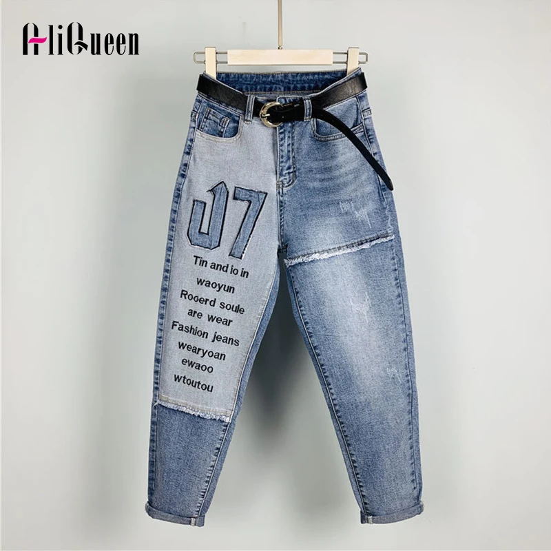 

Spring Autumn Streetwear Women Vintage High Waist Patchwork Jeans Harem Pants Female Words Tassel Denim Pants Trousers