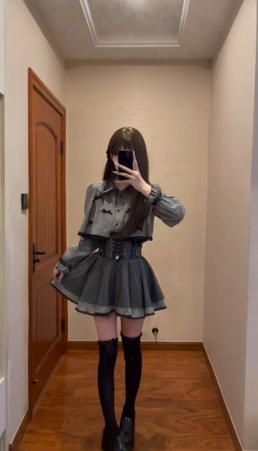 Japanese Dress Kawaii Womens Y2k 2000s Slim Goth 2-Piece Set Top+Skirt Harajuku Elegant Party Dresses Hot Girl Sweet Fashion Emo