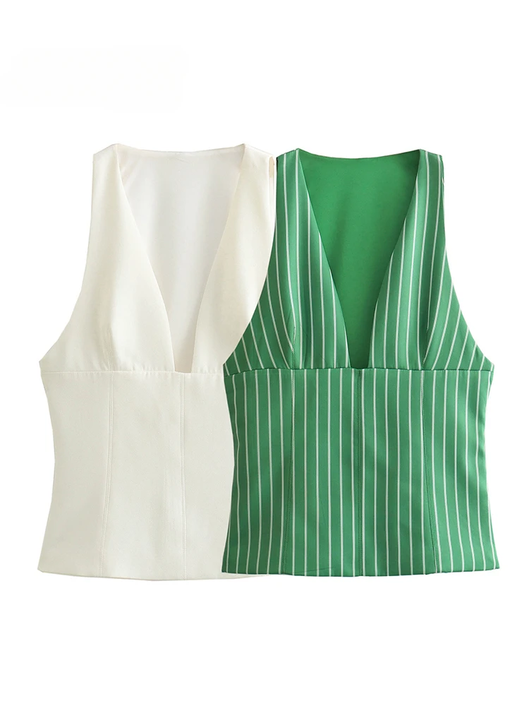 BWQ Moda Kadın Yaz Çizgili V Yaka Tank Top 2025 Kaşkorse Kadın Yaz Temel SlimTank Top