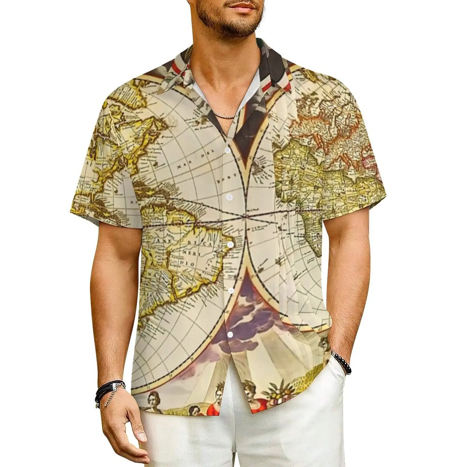 

Vintage Earth Map Beach Shirt Vintage Anitque Hawaii Casual Shirts Mens Cool Blouses Short Sleeve Y2K Funny Custom DIY Tops