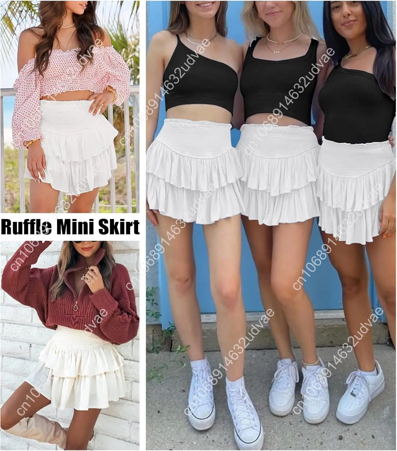 Women's Cute High Waist Ruffle Mini Skirt Layered Ruffle Hem Flared Flowy Casual Swing Beach Mini Short Skirt