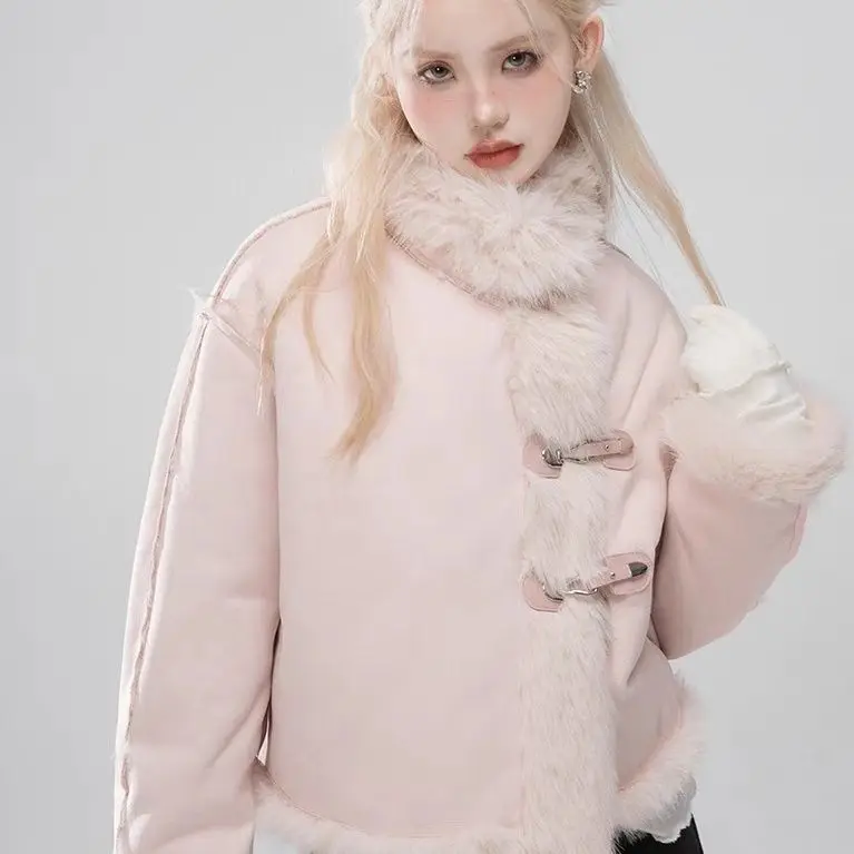 Korea Winter Pink Warm Jacket Fashionable Faux Fur Women'S Casual Y2K Fur One-Piece Long Sleeve Loose Jacket Chic