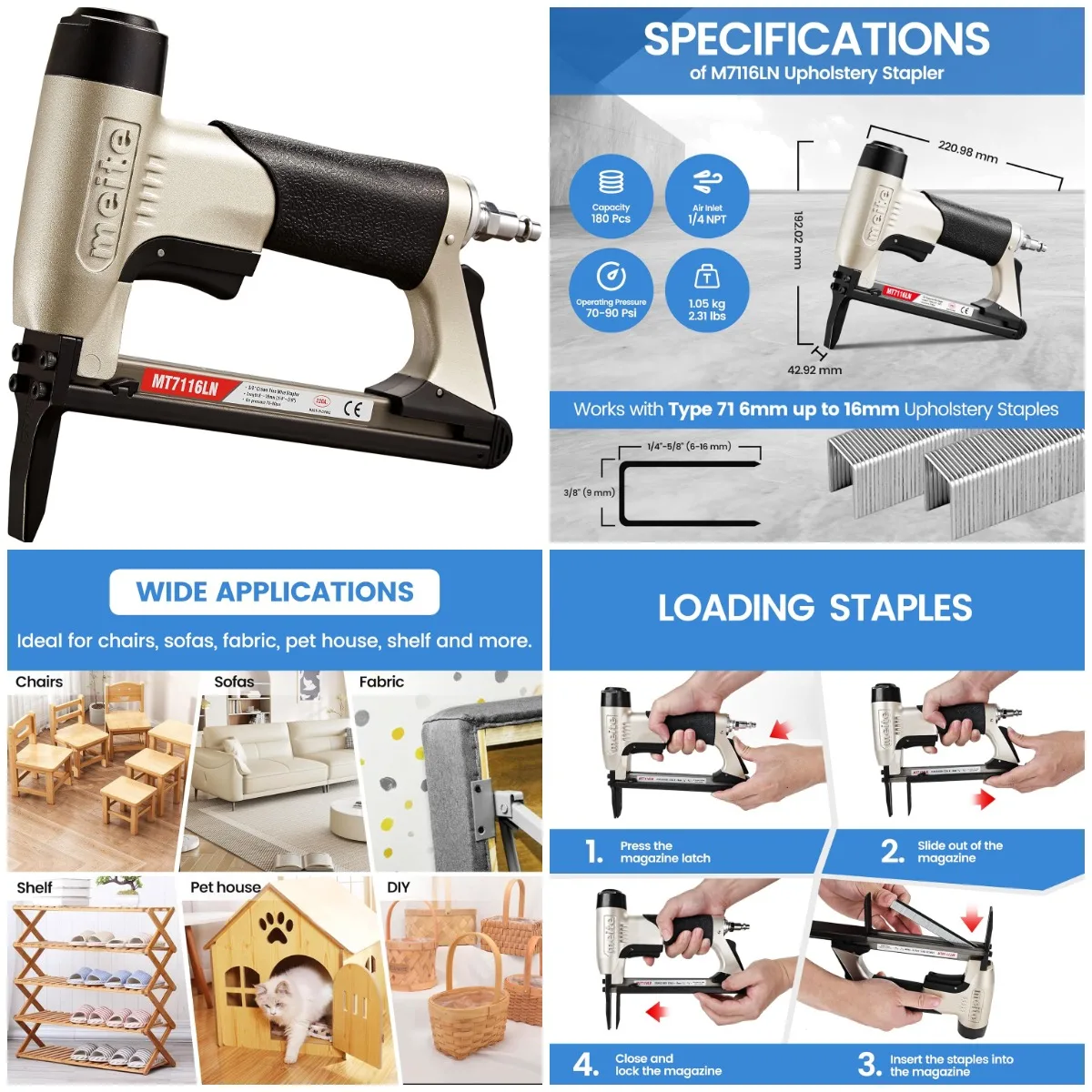 

MT7116LN Pneumatic Upholstery Stapler 22 Gauge 71 Series 3/8' Crown 1/4' to 5/8' Length Long Nose Stapler