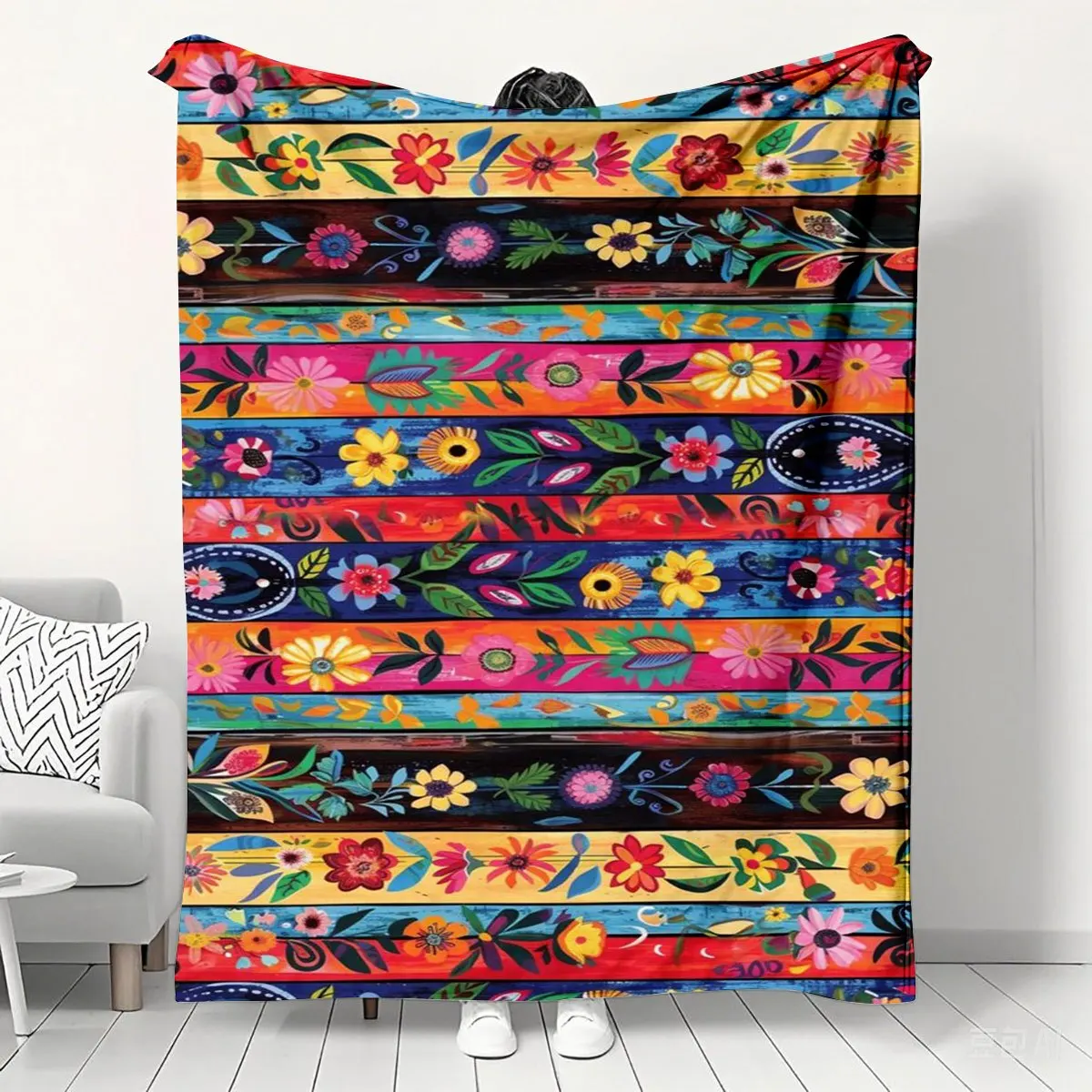 Mexican Style Colorful Floral Stripe Print Blanket 2D Digital Printing Soft Warm Thickened Flannel Blanket Four Seasons Universa