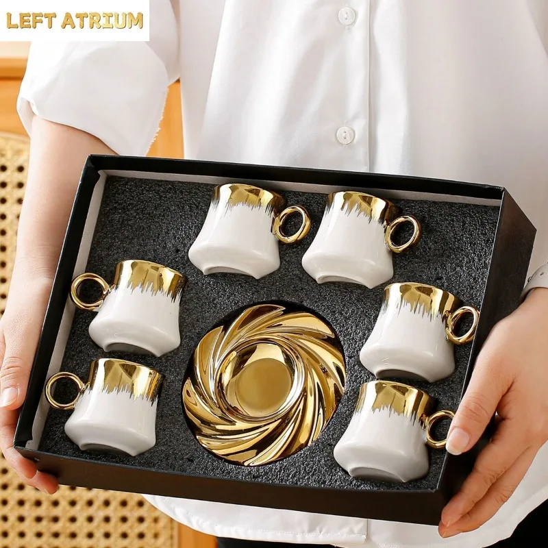 High Quality Middle East Saudi Arabia Ceramic Plated Coffee Cup Plate Set Golden Cup and Saucer Gift Box Set
