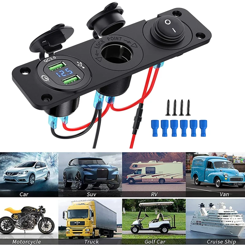 12V Socket Cig-are-tte Lighter Socket 3 in 1 Waterproof Car Dual QC3.0 USB Outlet Panel for RV Marine Boat Power Socket