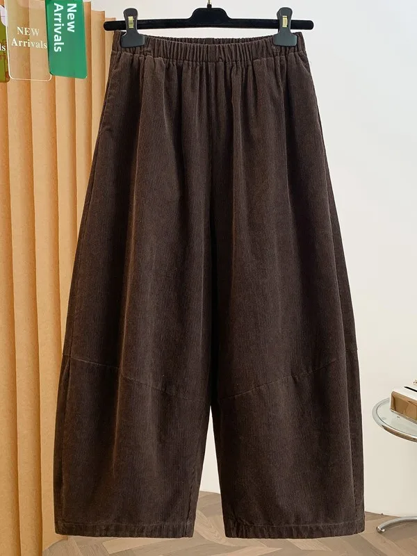 Authentic Corduroy Elastic Waist Wide Leg Pants Women's Loose Casual Straight Leg Long Trousers Comfortable High Waist Cotton...
