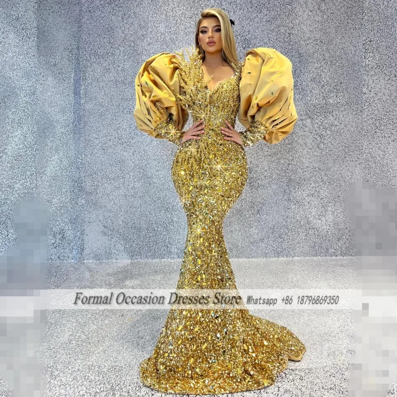 Bespoke Gold Evening Dresses Luxury Puffy Long Sleeves Crystal Wedding Party Dress Mermaid Dubai Prom Gowns Customizde