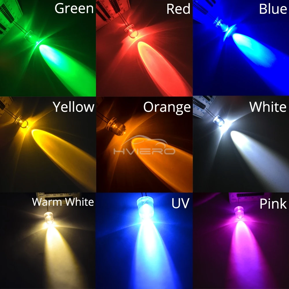 250Pcs 10mm Round Top Ultra Bright Emitting Diode LED White Red Green Blue Yellow UV Pink Orange Light Diodes Lamp Bulb Min Led