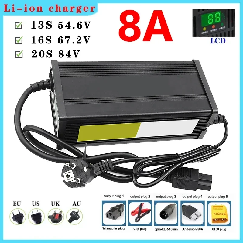 8A 54.6V 67.2V 84V Smart Lithium Battery Fast Charger for 13S 16S 20S Lipo Li-ion Electric Power Tool With LED Display