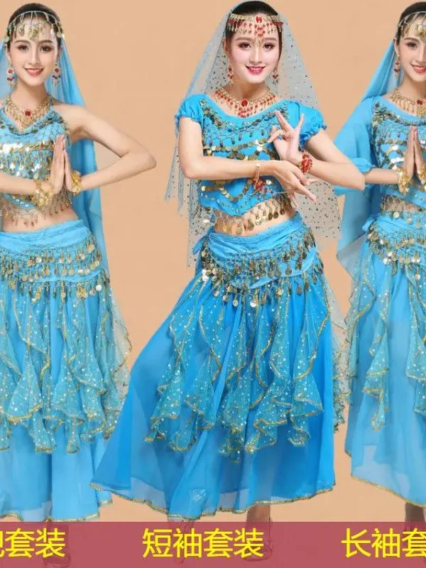 Bollywood Dress Adult Costume Women Indian Dance Belly Dance Sari Clothing Dance Performance Clothes Chiffon Skirt Set One Size