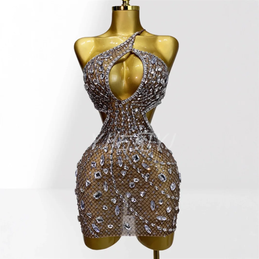 

Glam Spice Girl Dress Luxury Rhinestone Perspective Mesh Halter Nightclub Hip Wrap Performance Wear Cocktail Formal Mini Gown