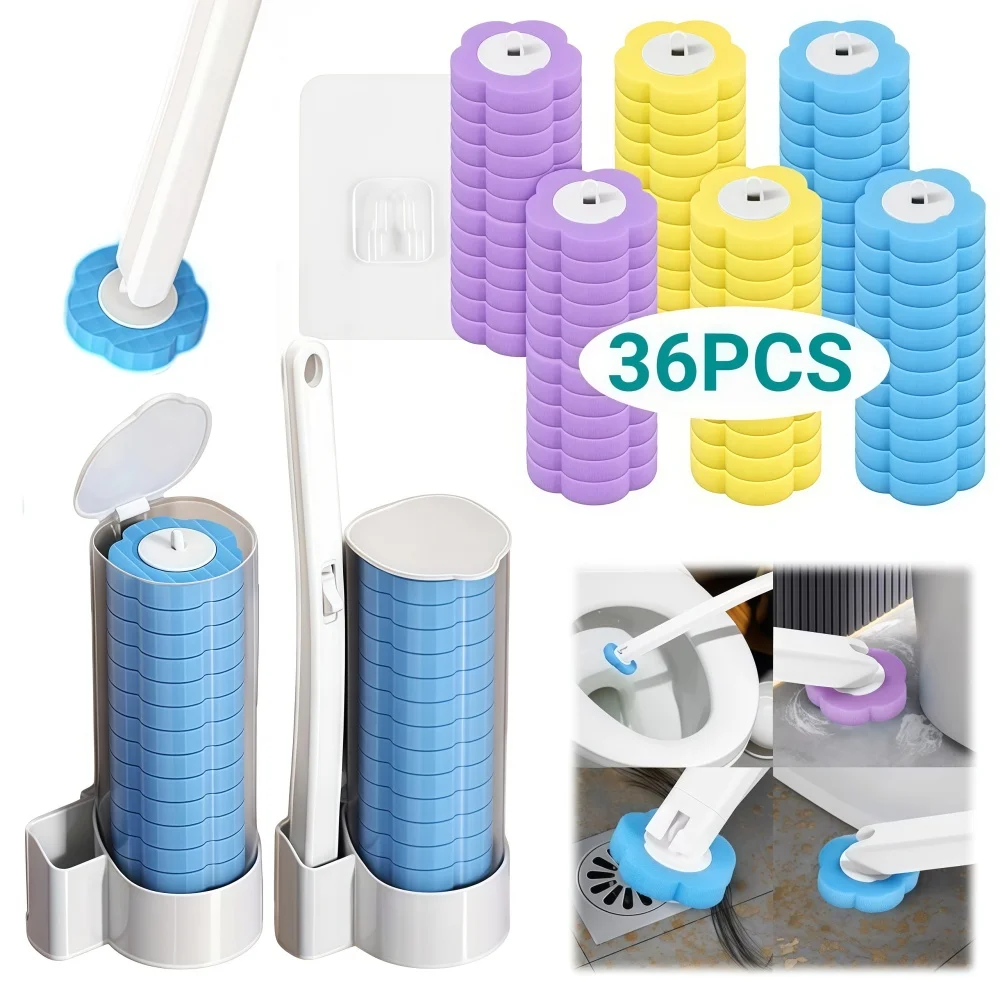18/36pcs Disposable Toilet Brush with Wall Mounted Holder Replaceable Brush Heads for Bathroom Restroom Bathtub Cleaning Access