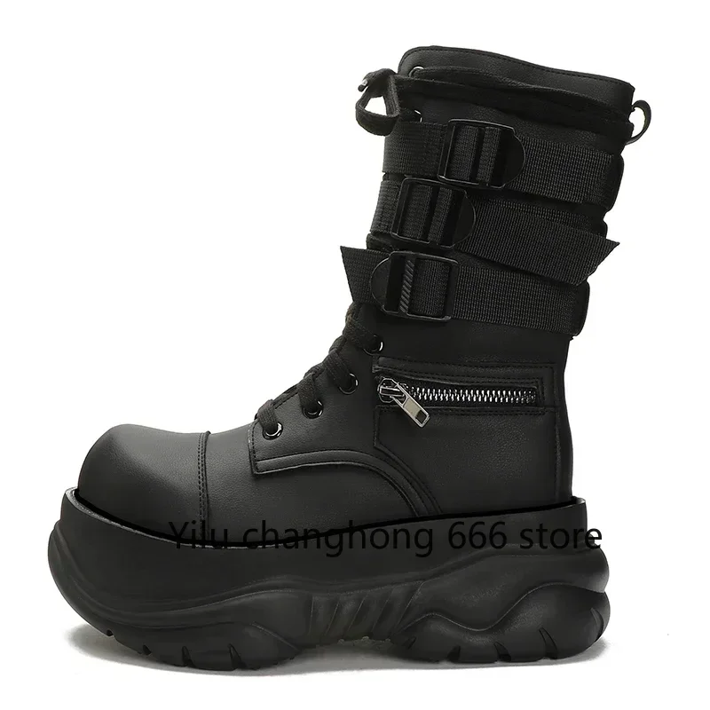 

2005 New Arrivals Cross Tied Belt Buckle Women Boots Thick Sole Fashion Autumn Mid Calf Height Increasing Punk Retro Women Shoes