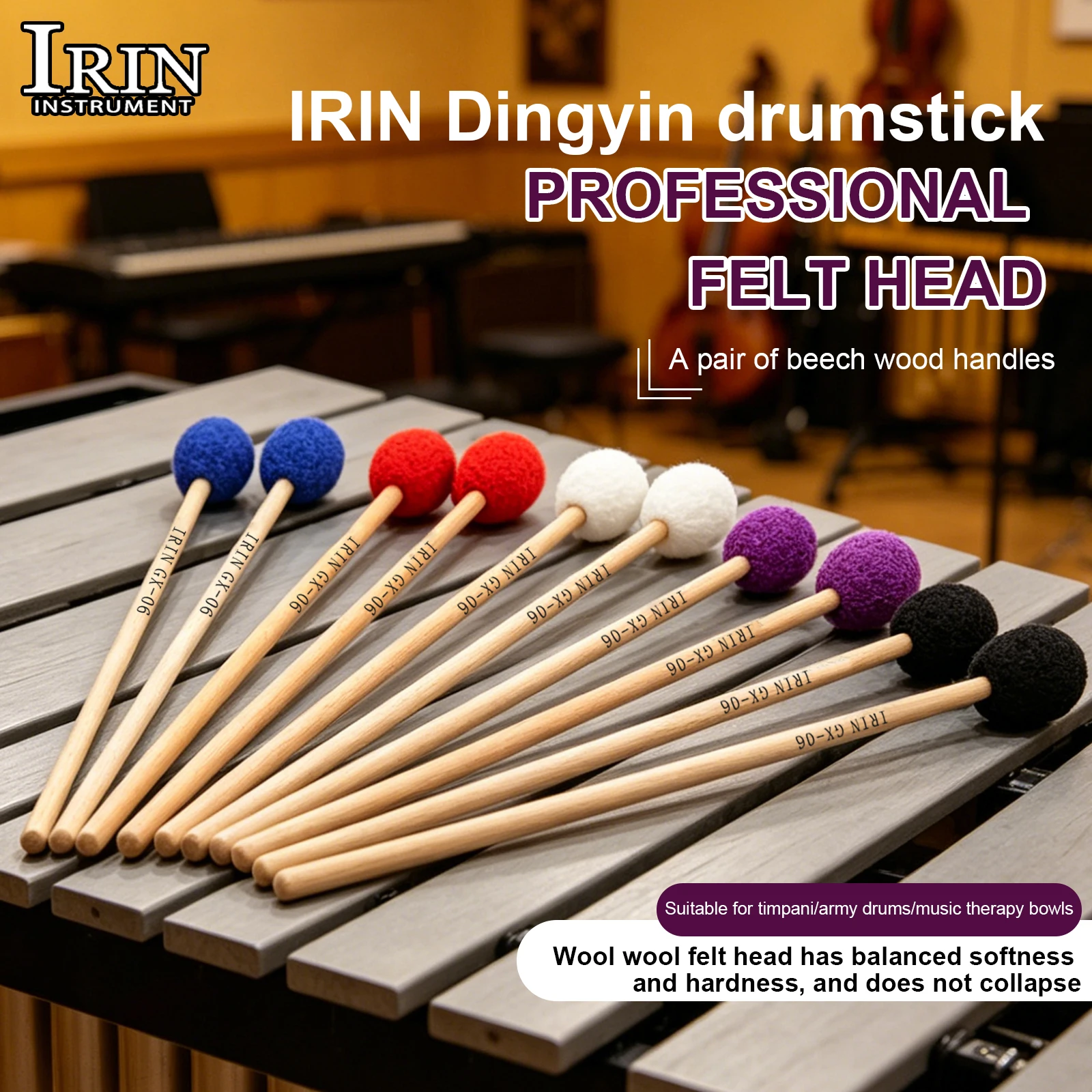IRIN GX-06 Marimba Mallets 1 Pair Beech Wood Handle Cashmere Head Marimba Xylophone Stick Percussion Instrument Accessories