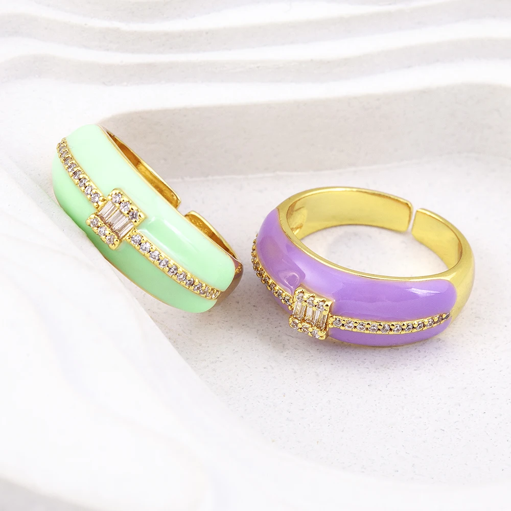 Nidin Light Luxury Enamel Cubic Zirconia Open Ring Adjustable For Women 9 Colors Choice Finger Jewelry Elegant Party Daily Wear
