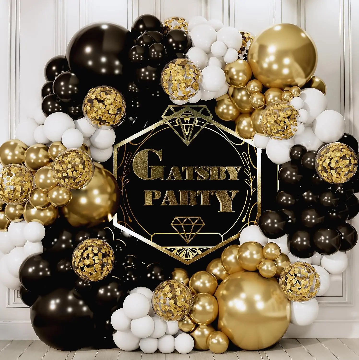 104Pcs Black and White Metallic Gold Latex Balloons Garland Arch Kit Gold Confetti Balloons for Baby Birthday Party Decorations