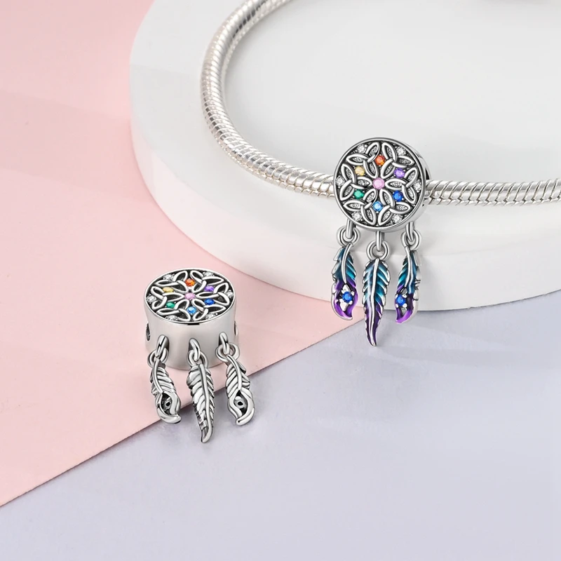 100% Real 925 Sterling Silver Feather Dreamcatcher Tassel Charms Beads Fit Original Qikaola Bracelet Bangle Fashion DIY Jewelry