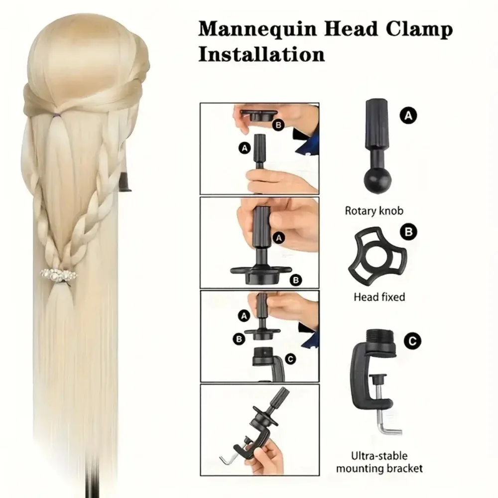رأس عارضة أزياء مع 11 قطعة من قاعدة حامل مشابك الشعر شديدة التحمل، أدوات تجديل - لصالونات التجميل ومجموعة ممارسة مدرسة التجميل