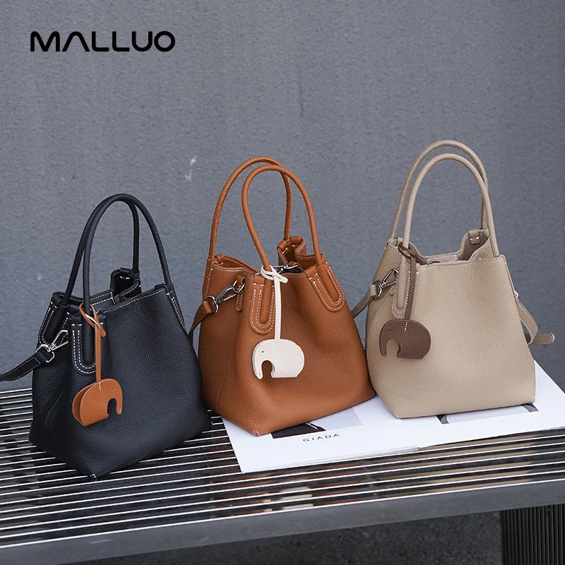 Women Cowhide Leather Genuine Basket Bag Commuter Fashion Versatile Shoulder Bucket Bags Crossbody Handbag Messenger for Ladies