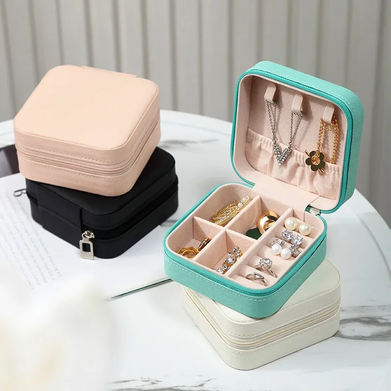 

PU Leather Jewelry Storage Box Portable Organizer for Jewelry Travel Ring Small Box Trinket Box with Zipper