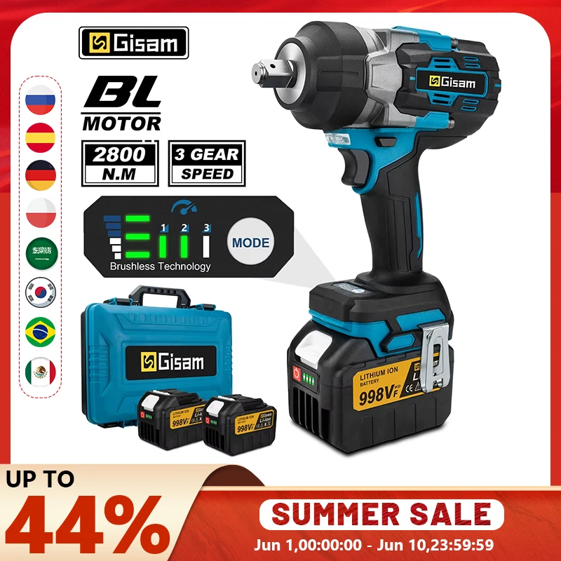 Gisam 2800N.M Torque Brushless Electric Impact Wrench 1/2 inch Screwdriver Cordless Wrench Power Tool For Makita 18V Battery Pin