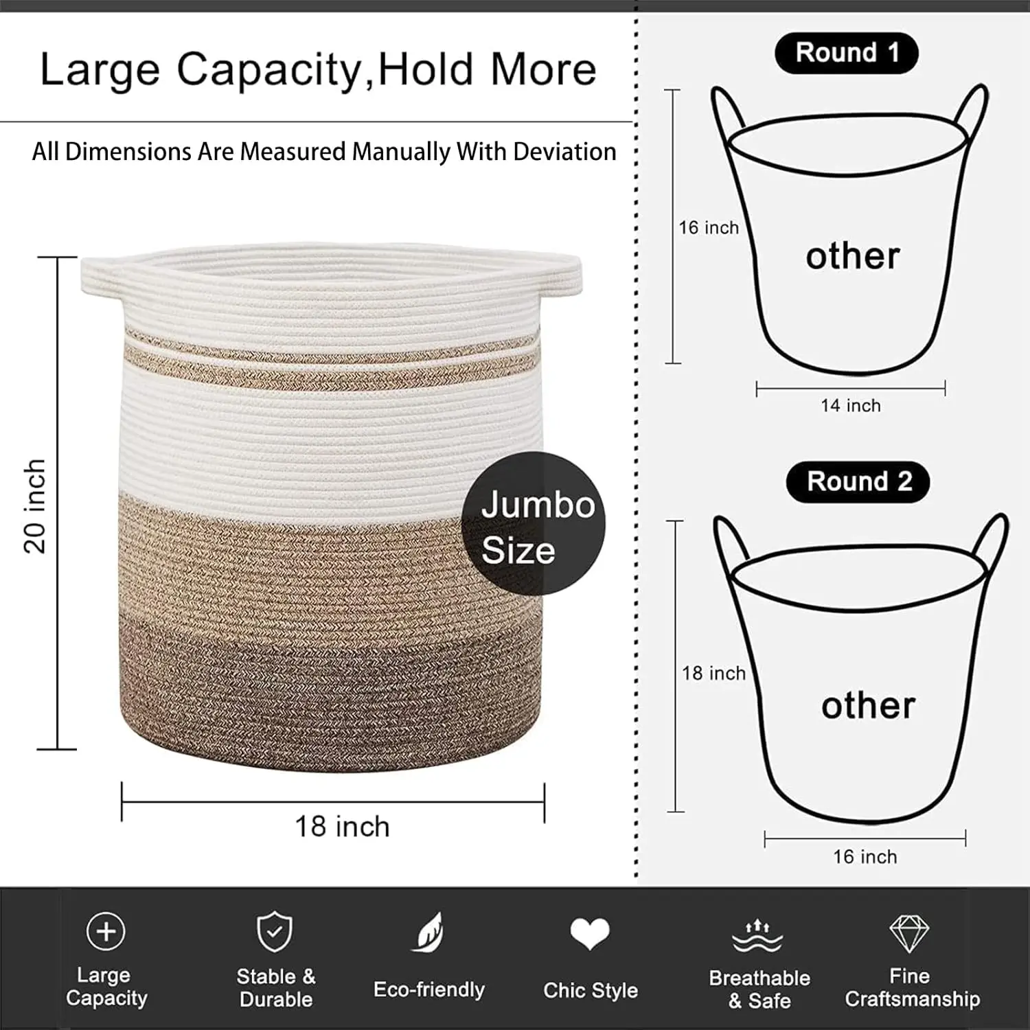 80L Laundry Baskets Hamper with Handles,Decorative Basket for Living room,Woven Storage Basket for Toys Bin,Pillows, Blankets