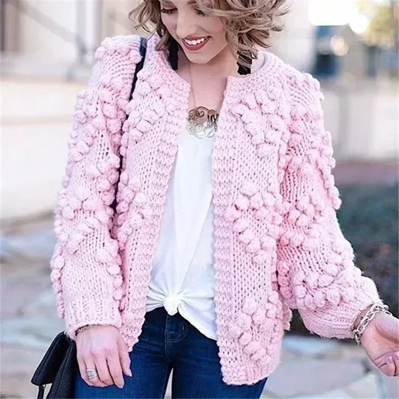 American Vintage Handwoven Wool Balls Long Sleeved Short Sweater Coat Fashion Casua Autumn New Knitted Cropped Cardigan Women