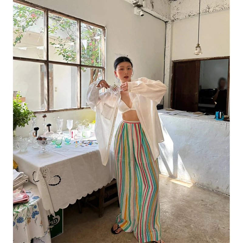 2025 New Arrival Summer Women Striped Print Ankle-length Pants Casual Loose Elastic Waist Good Quality Thin Straight Pants T164