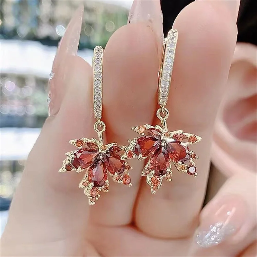 Green Red Zircon Stone Maple Leaf Hoop Earrings Luxury Female Gold Color Wedding Jewelry For Women