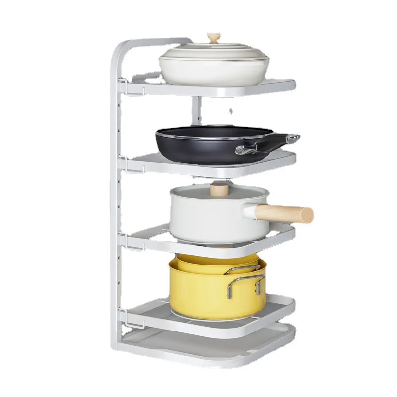 

Шкафы для хранения кухонных кастрюль разделены в несколько слоев, полки для кастрюль, столешницы, угловые предметы домашнего обихода, нижняя раковина.