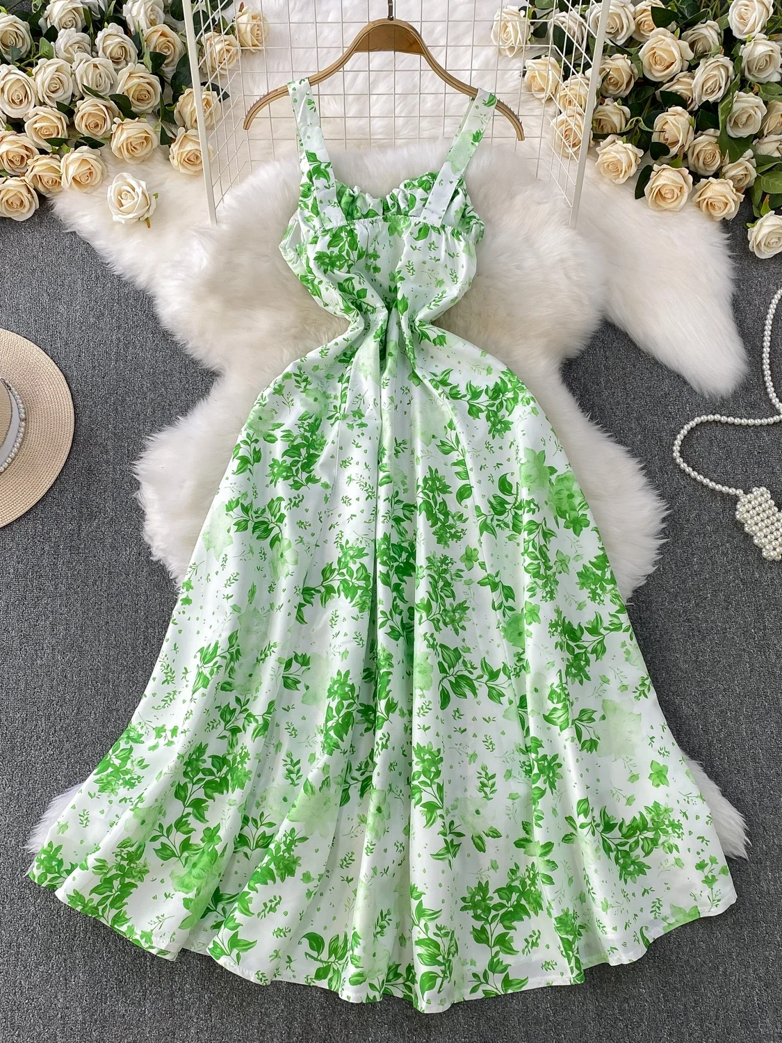 Coreano Sle Sweet een Stampa floreale V-Ne Strapl Dr Gonna lunga snellente estiva da donna a vita alta A-Line Midi Dr