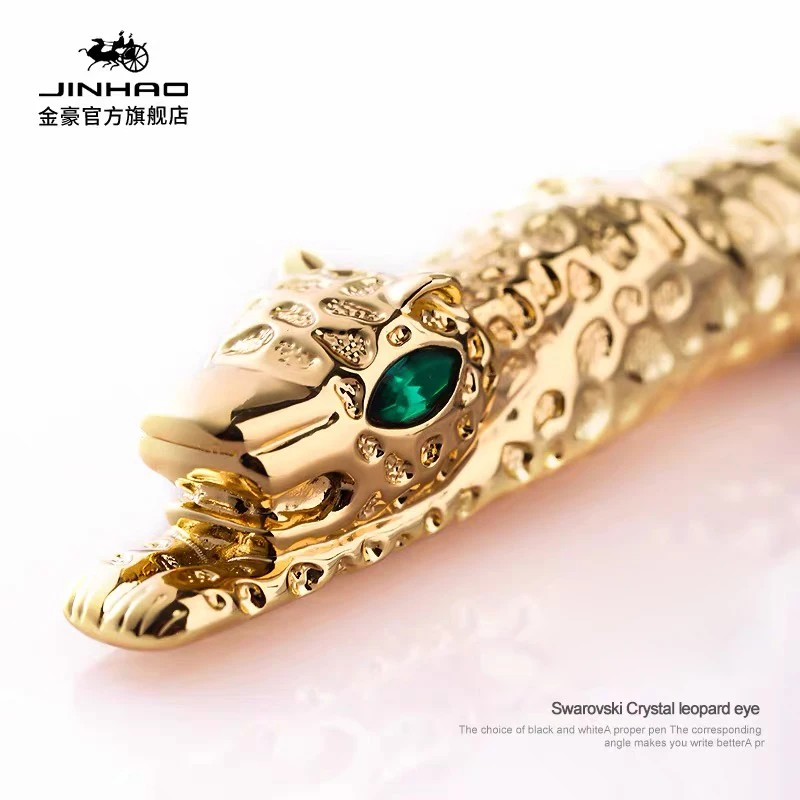 1pc Luxury Leopard Jinhao Fountain Pen - Metallic Golden & Black Leopard Head Design, 0.7mm Medium Nib, Twist Closure, Heavy Dut
