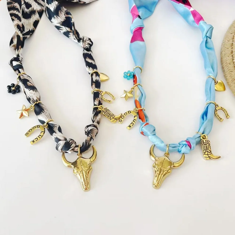 16 Styles Women's Handmade Bandana Necklace with Boots Hearts Flowers Cherry Bears Enamel Charms Adjustable Chocker