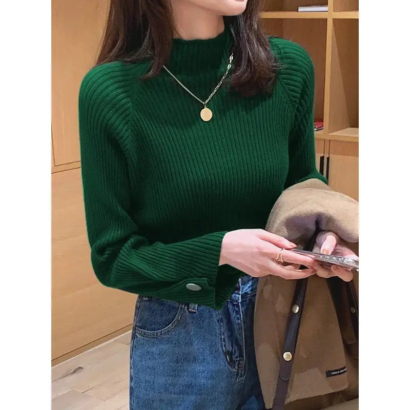 Autumn Winter New Solid Color Half High Collar Striped Button Slim Sweaters Fashion Casual Versatile Women\'s Long Sleeve Tops