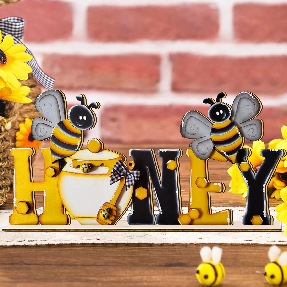 1SET 3D summer bee wooden desktop decoration, HONEY cartoon bee letters, home desktop decoration