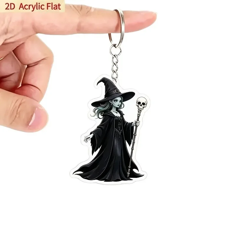 Halloween 2D Flat Acrylic Keychain Gothic Witch with Skull Staff Key Ring Horror Bag Pendant Miniatures Gift for Halloween Party
