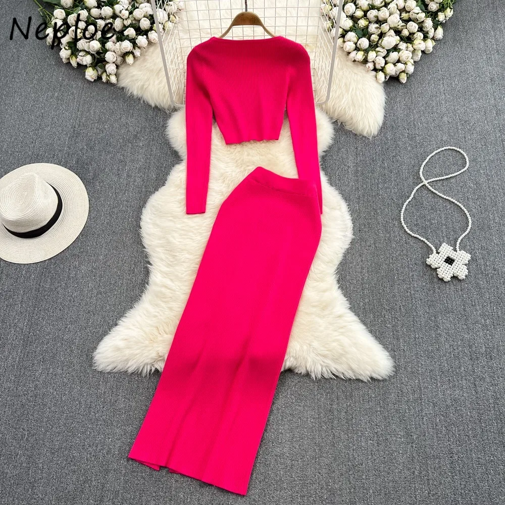 Neploe Moda V Neck Solid Knit Slim Sets Jumper High Waist Vent Mid-length Bodycon Faldas Luxury Harajuku Korea Suit Mujer Faldas