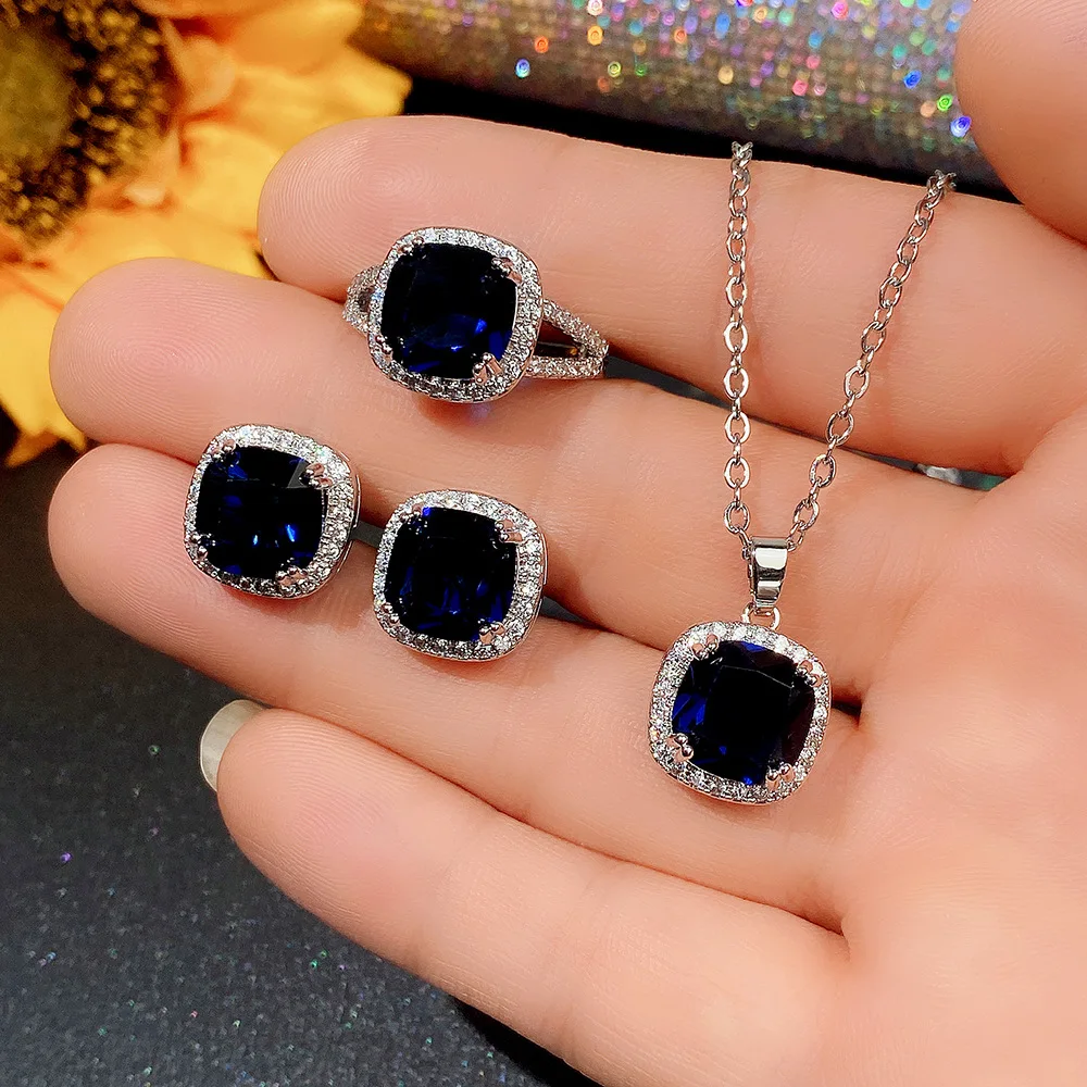 4pcs Creative Women Imitation Sapphire Jewelry Set Crystal Cute Square Retro Necklace Earring Ring for Women Wedding Jewelry