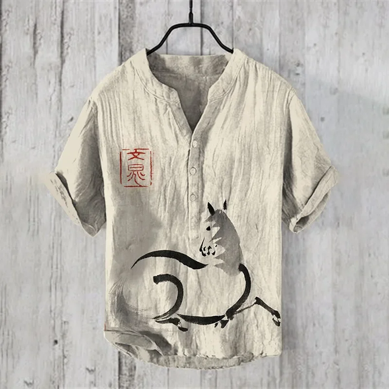 Spring and summer new style bee print V-neck short-sleeved shirt foreign trade fashion casual loose bamboo linen shirt top