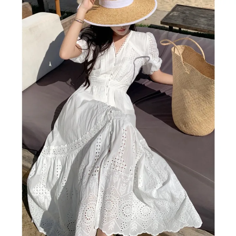 Boho White Single-breast Dress Women Summer Vintage Women's Clothing V-neck Puff Sleeve Elegant Dress Bodycon Hollow Out