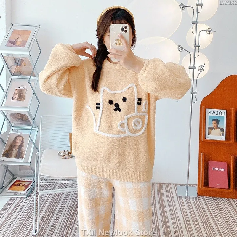 Wearing Soft Pajamas Women's Autumn and Winter Sweet Japanese Style fleece-lined Thickened Cartoon Cat Two-Piece Home Clothes