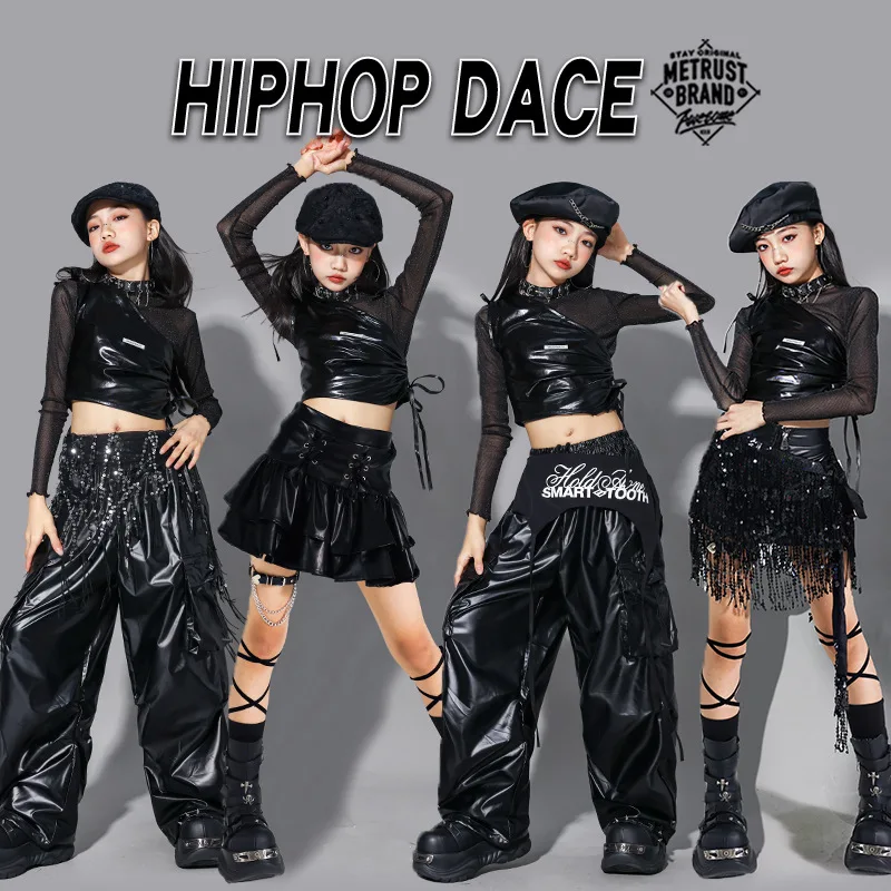 Girls K-pop Cool Shiny Crop Top Skirt Street Dance Cargo Pants Costume Kids Hip Hop Jazz Girl Group Clothes Set Child Streetwear