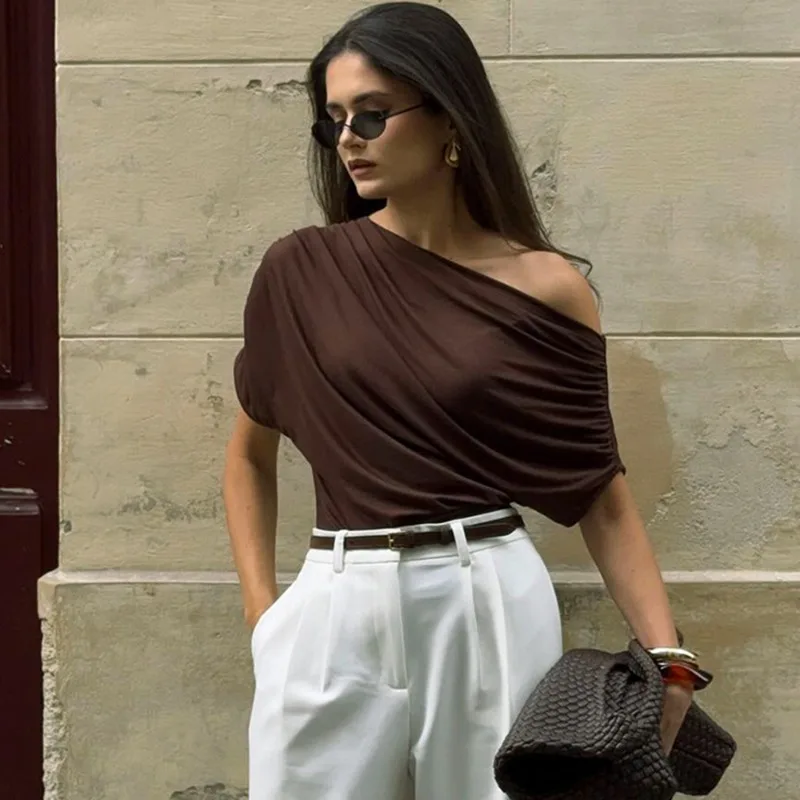 

Talenza Women's Sexy Tops Summer New Solid Pleated Off-Shoulder Slim T-Shirt Casual Commuter Fashion Chic Female Tees Clothes